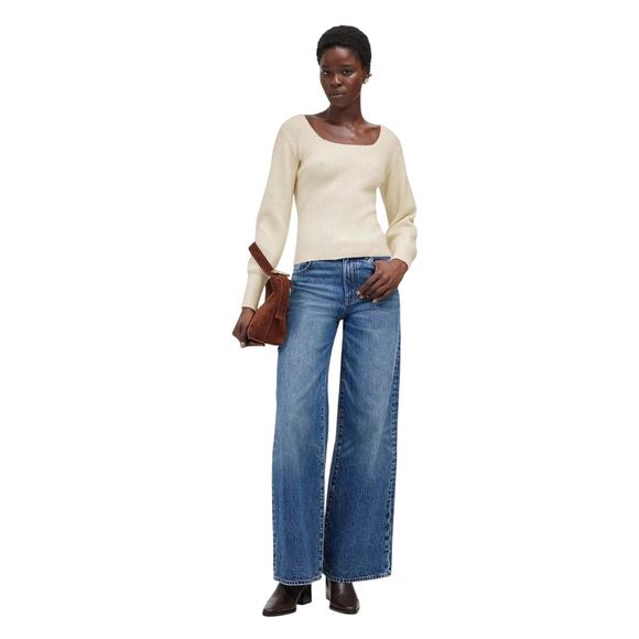 Madewell Wool Cashmere Ribbed Square Neck Sweater XL Beige Cream NWT - Picture 2 of 9